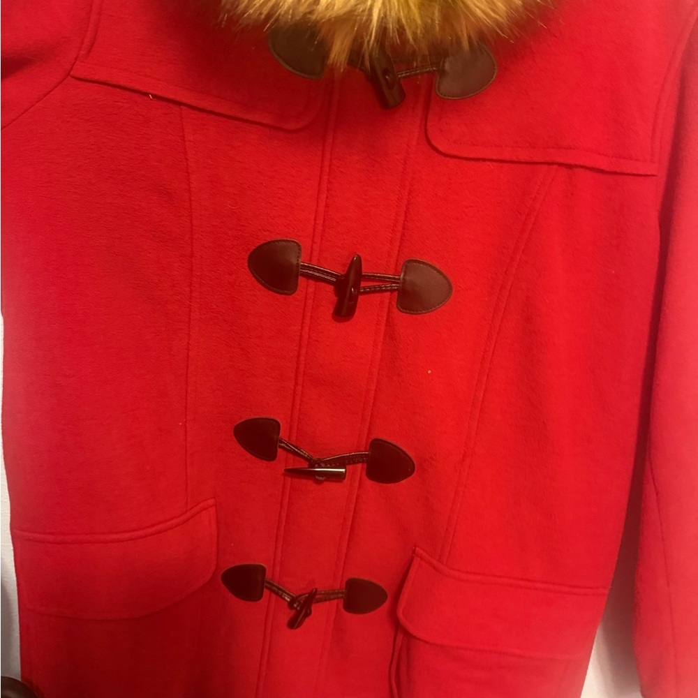 Torrid Vibrant Red Pea Coat with Faux Fur Trim
